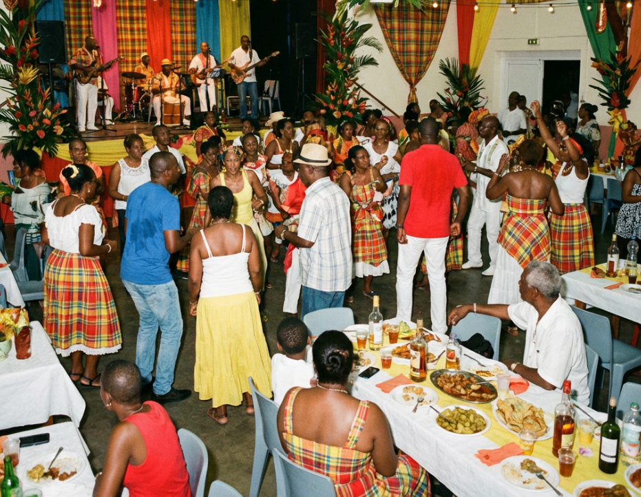 Des gens dansent dans une salle intérieure décorée de tissus colorés, tandis qu'un groupe de musique joue en direct sur une scène voisine.