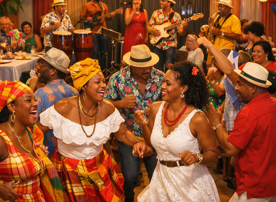 Un groupe joyeux de personnes vêtues de tenues festives et colorées danse lors d'un événement social en intérieur, tandis qu'un orchestre joue en fond sonore.