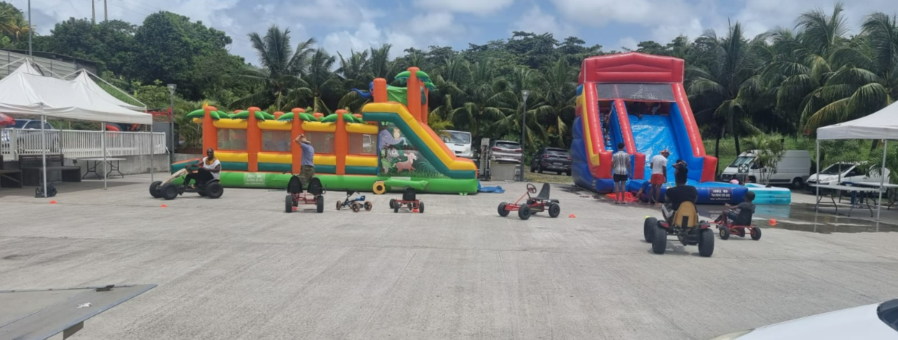 Une personne portant un casque et une combinaison de course pilote un kart bleu, blanc et rouge dans un virage sur une piste.