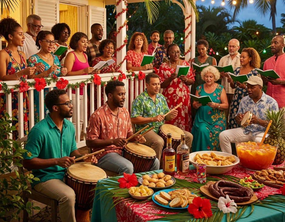 Un groupe hétéroclite chante ensemble sur une véranda, accompagné de percussionnistes, tandis que des mets et des boissons festives sont disposés sur une table.