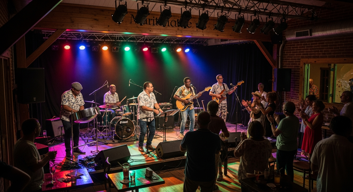 Un groupe de musique se produit sur une scène éclairée par des projecteurs colorés, sous le regard et les applaudissements d'un public assis dans une salle faiblement éclairée aux murs lambrissés.