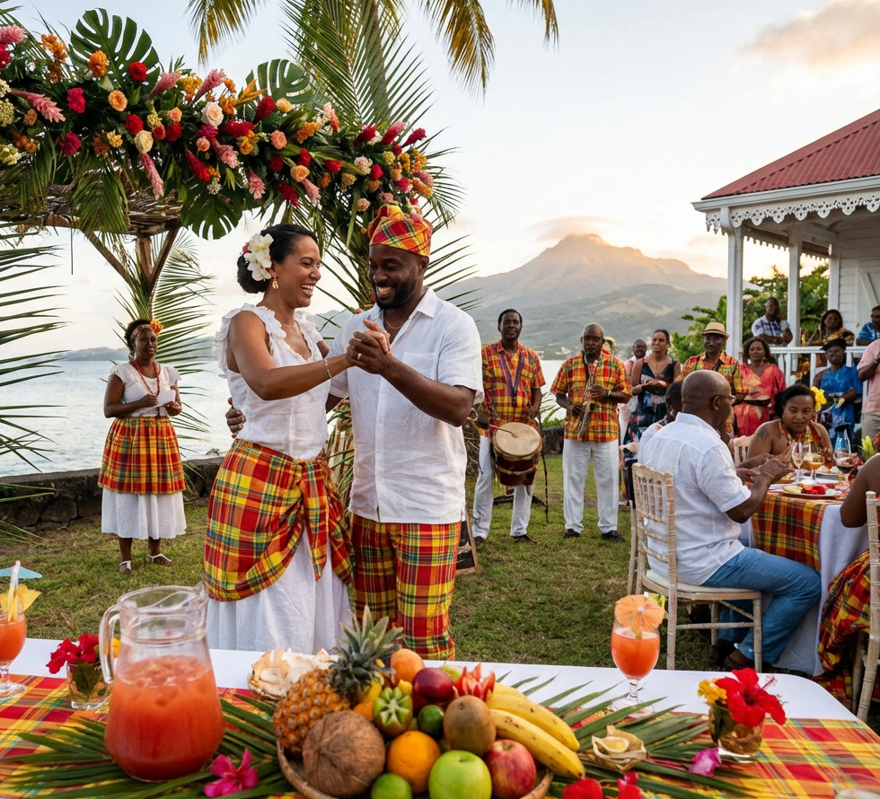 Un couple danse lors d'un mariage en bord de mer, entouré d'invités, de décorations tropicales éclatantes et d'un décor montagneux.