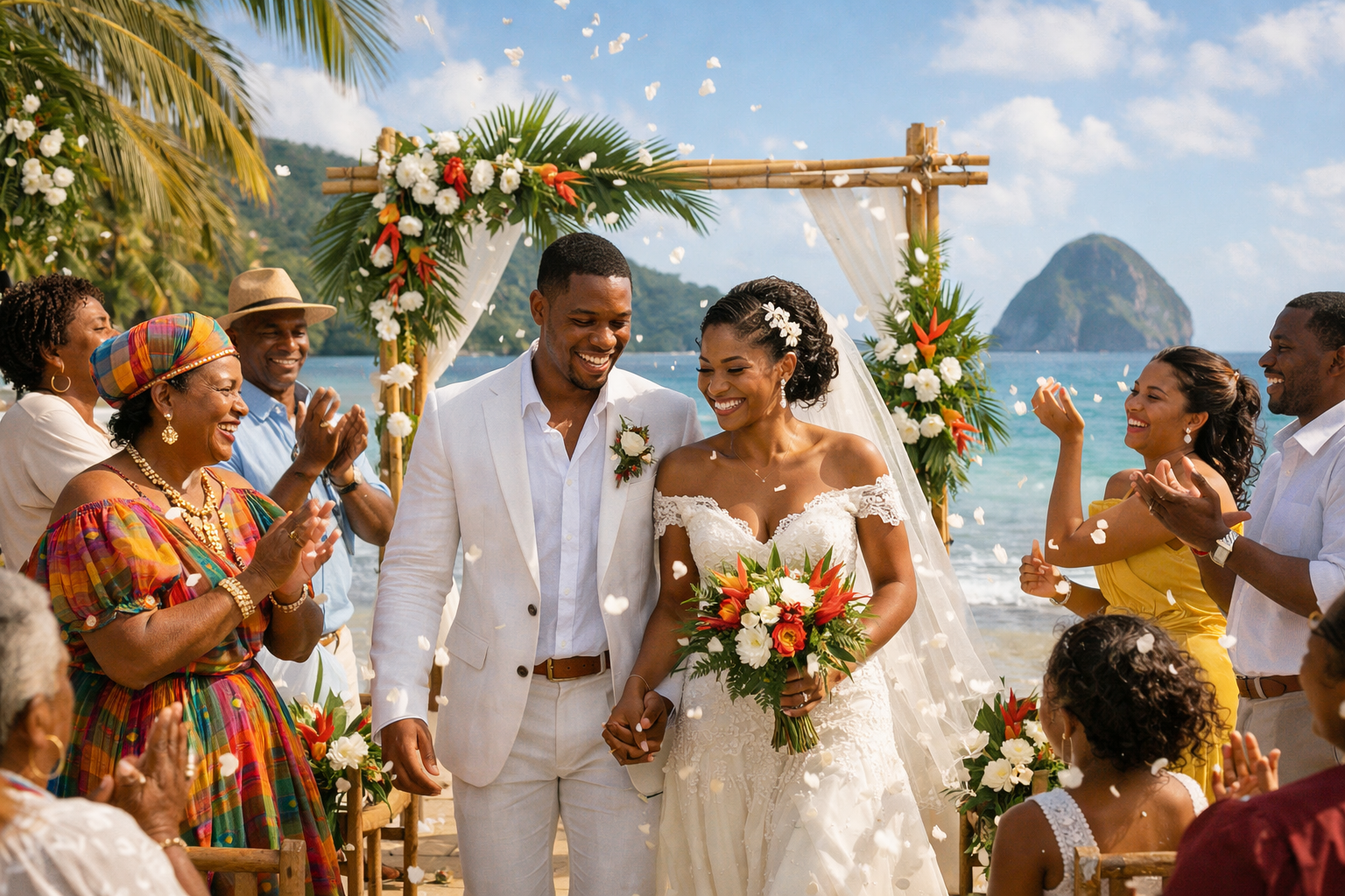 Un couple descend l'allée après leur cérémonie de mariage sur une plage, entourés d'invités et de pétales qui tombent.