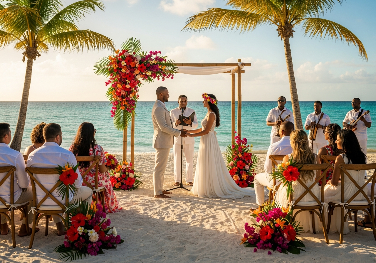 Un couple se tient sous un auvent en bois sur une plage de sable au coucher du soleil, tandis que les invités assistent à la cérémonie de mariage.