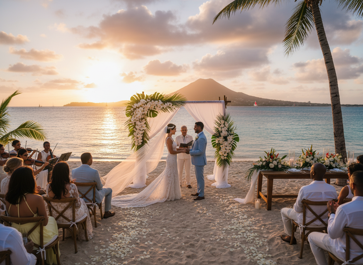 Un couple échange ses vœux sous une arche fleurie sur une plage au coucher du soleil, tandis que leurs invités sont assis sur le sable face à l'océan.