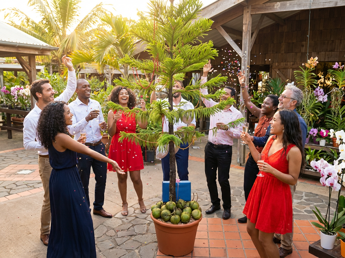 Un groupe de personnes d'horizons divers célèbre une garden-party en prenant un verre autour d'un arbre en pot.
