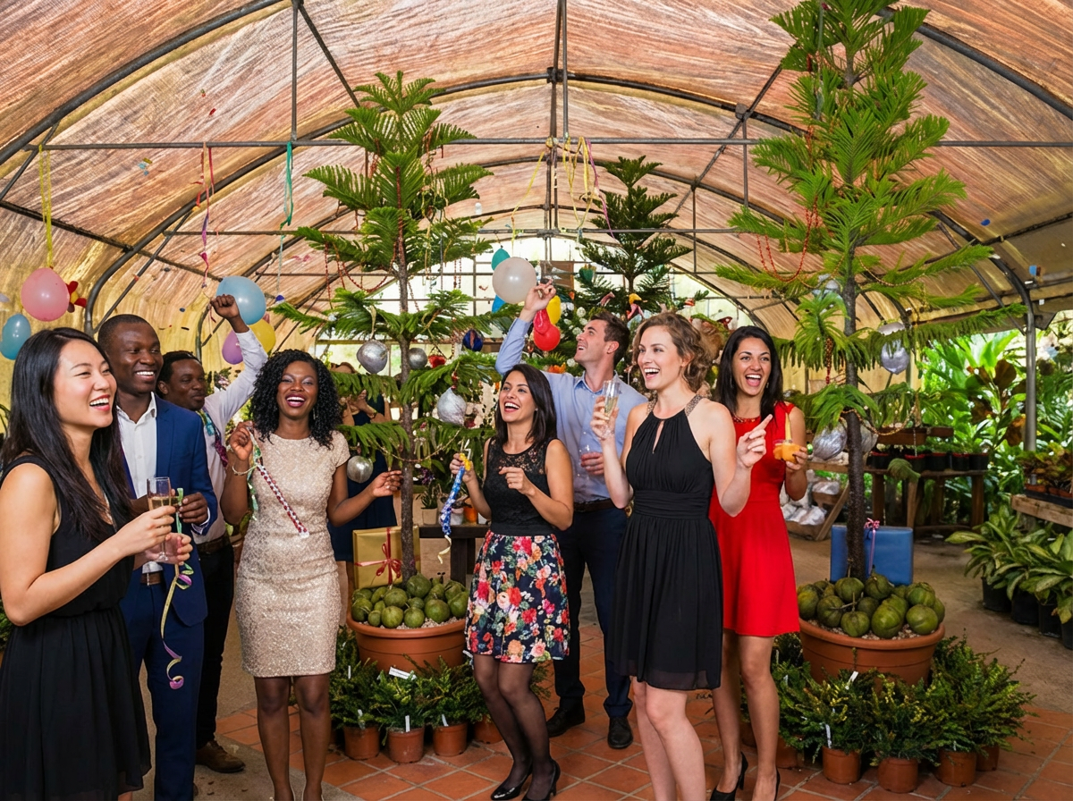 Un groupe de personnes d'horizons divers célèbre une fête dans une serre décorée et remplie de plantes.