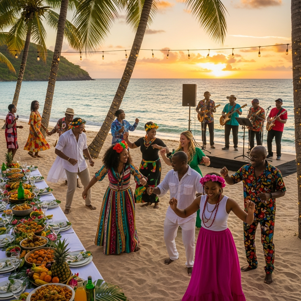 Un groupe de personnes danse sur une plage au coucher du soleil, à côté d'une longue table de banquet, tandis qu'un orchestre joue en fond sonore.