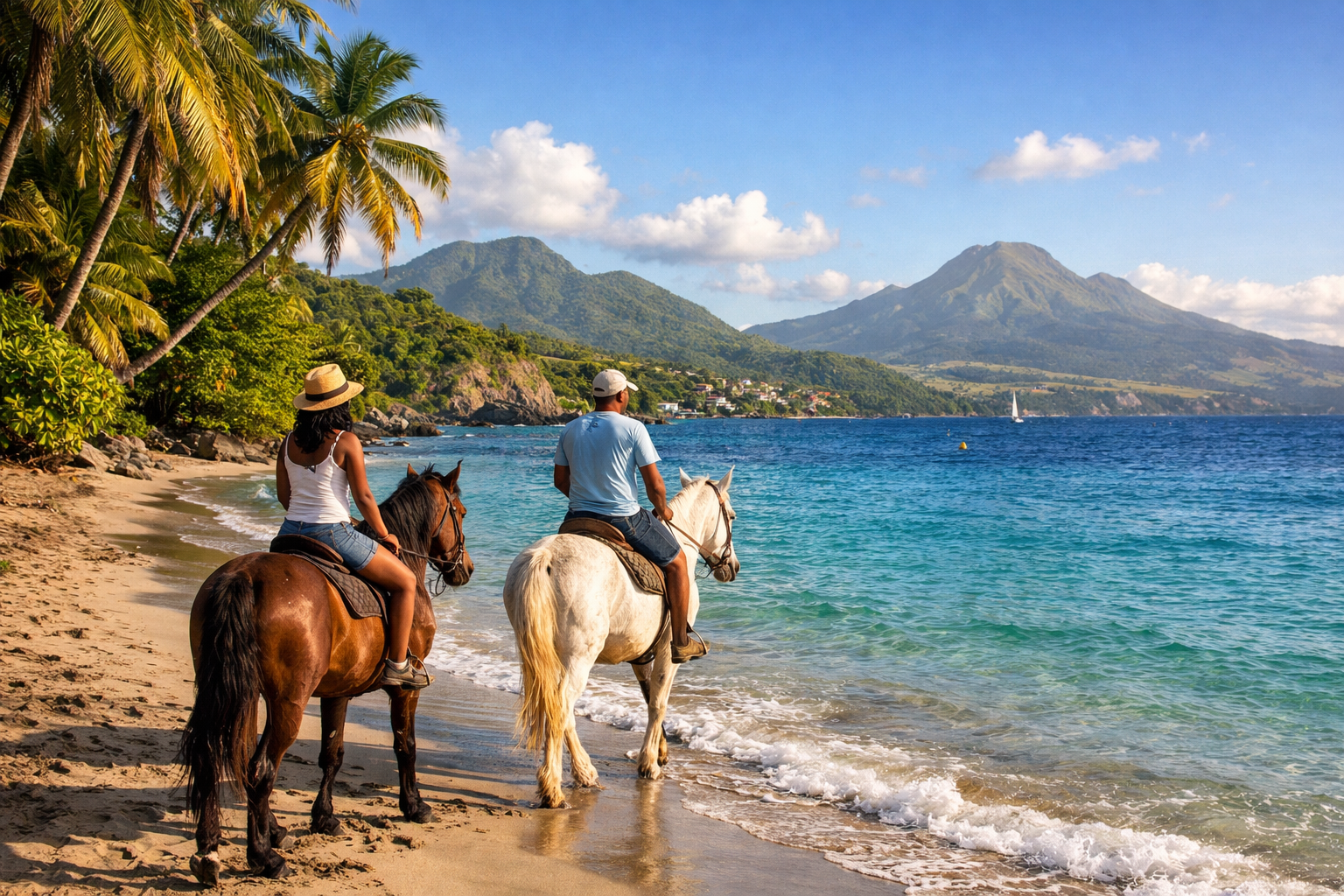 Deux personnes chevauchent le long d'une plage ensoleillée, avec des palmiers tropicaux et des montagnes en arrière-plan.
