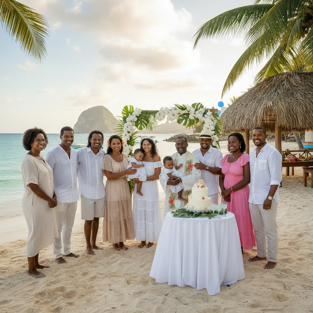 Un groupe de personnes se tient sur une plage de sable fin près d'une table à gâteaux sous une arche fleurie, avec un océan tropical en arrière-plan.
