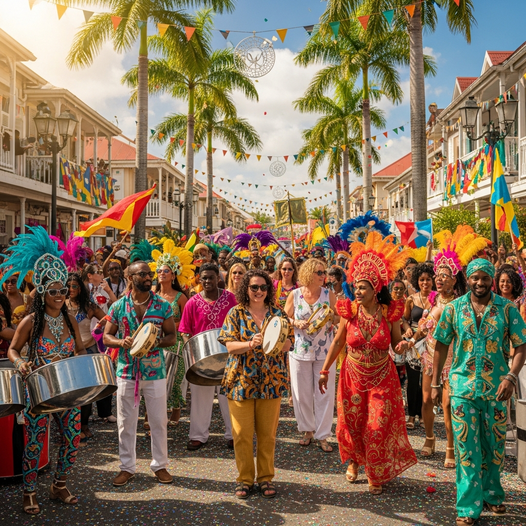 Un défilé de rue animé, avec des gens en costumes de carnaval colorés et des décorations festives, sous un ciel ensoleillé et des palmiers.