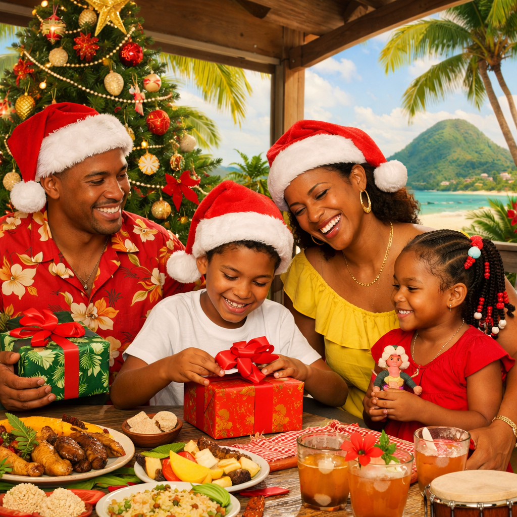 Une famille portant des bonnets de Père Noël ouvre ses cadeaux de Noël à une table tropicale en extérieur, entourée de nourriture et d'un sapin de Noël décoré.