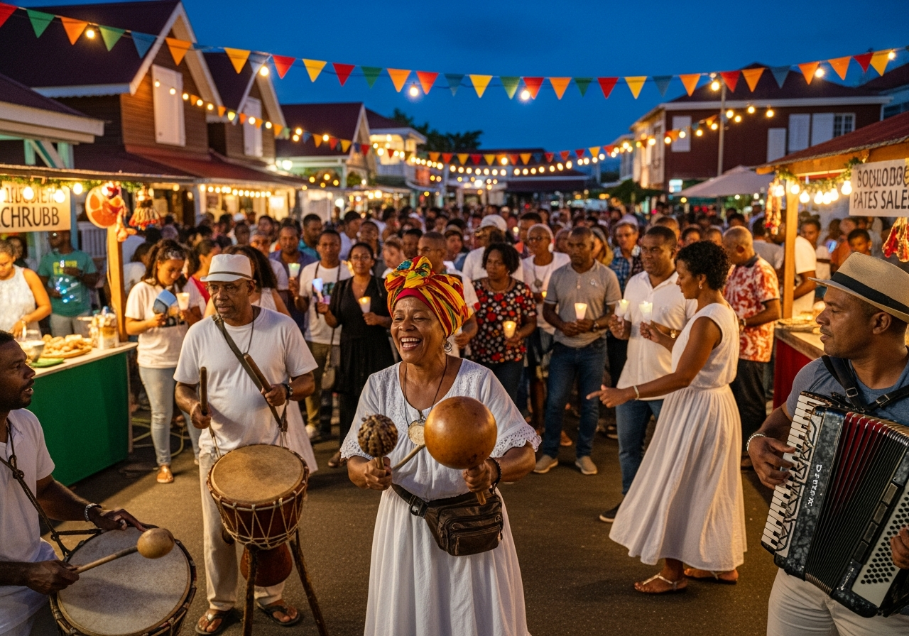 Une scène de rue festive en soirée, avec des gens jouant du tambour et de l'accordéon, illuminée par des guirlandes lumineuses et des décorations.