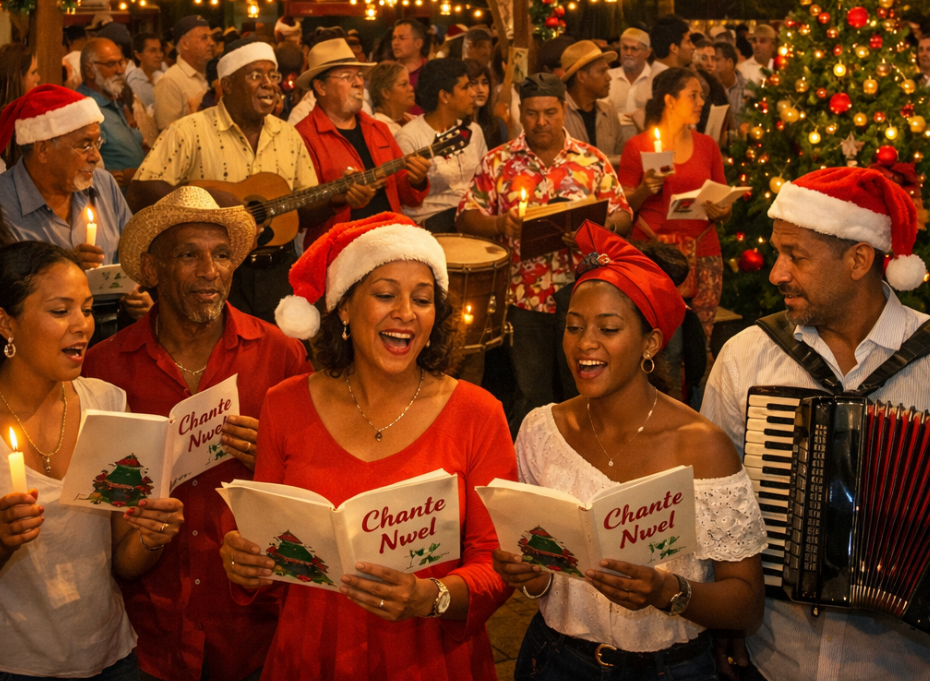 Un groupe de personnes portant des bonnets de Père Noël tiennent des recueils de chansons et chantent ensemble à l'extérieur, près d'un sapin de Noël décoré.