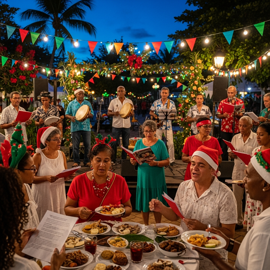 Un groupe de personnes, debout à l'extérieur au crépuscule, vêtues de tenues de fête et tenant des recueils de chansons, partagent un repas.