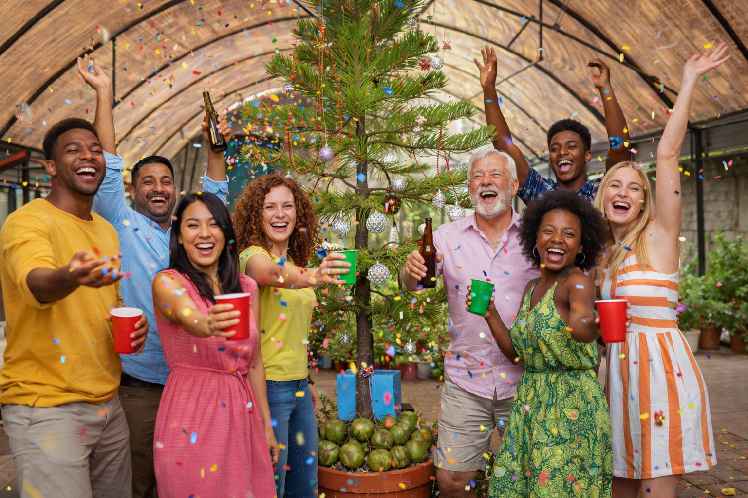 Un groupe de personnes d'horizons divers célèbre une fête avec un sapin, des boissons et des confettis, tous acclamant avec joie.