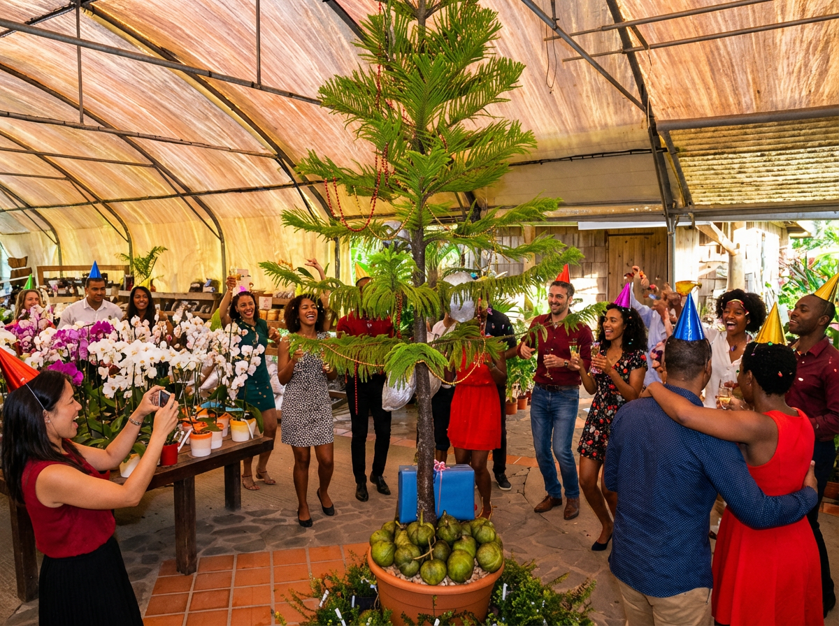 Un groupe de personnes coiffées de chapeaux de fête célèbre autour d'un arbre en pot à l'intérieur d'une grande serre baignée de lumière.