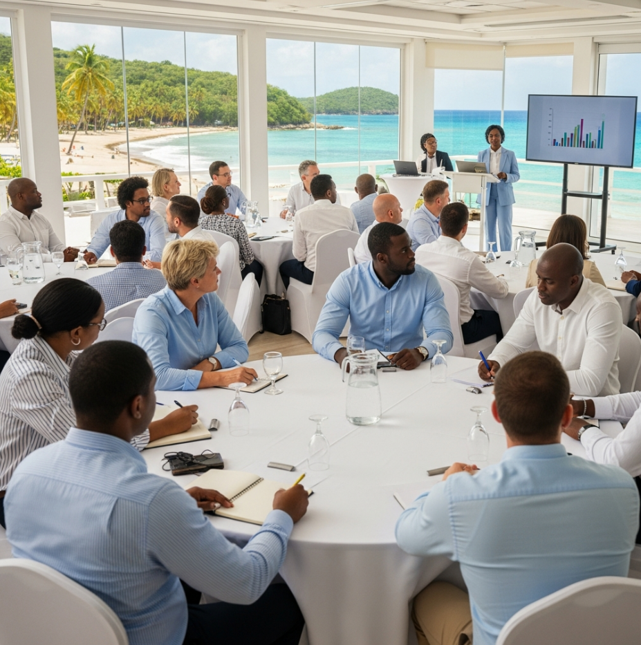 Un groupe hétéroclite de personnes en tenue de ville assiste à une présentation dans une salle lumineuse avec vue sur l'océan et un écran numérique.