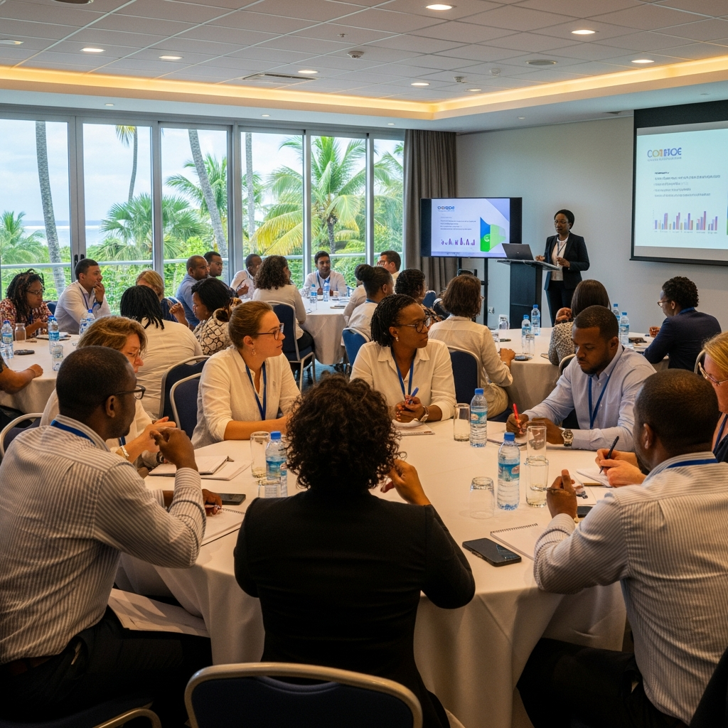 Un orateur présente son exposé à un groupe diversifié de professionnels assis autour de tables rondes dans une salle de conférence baignée de lumière.