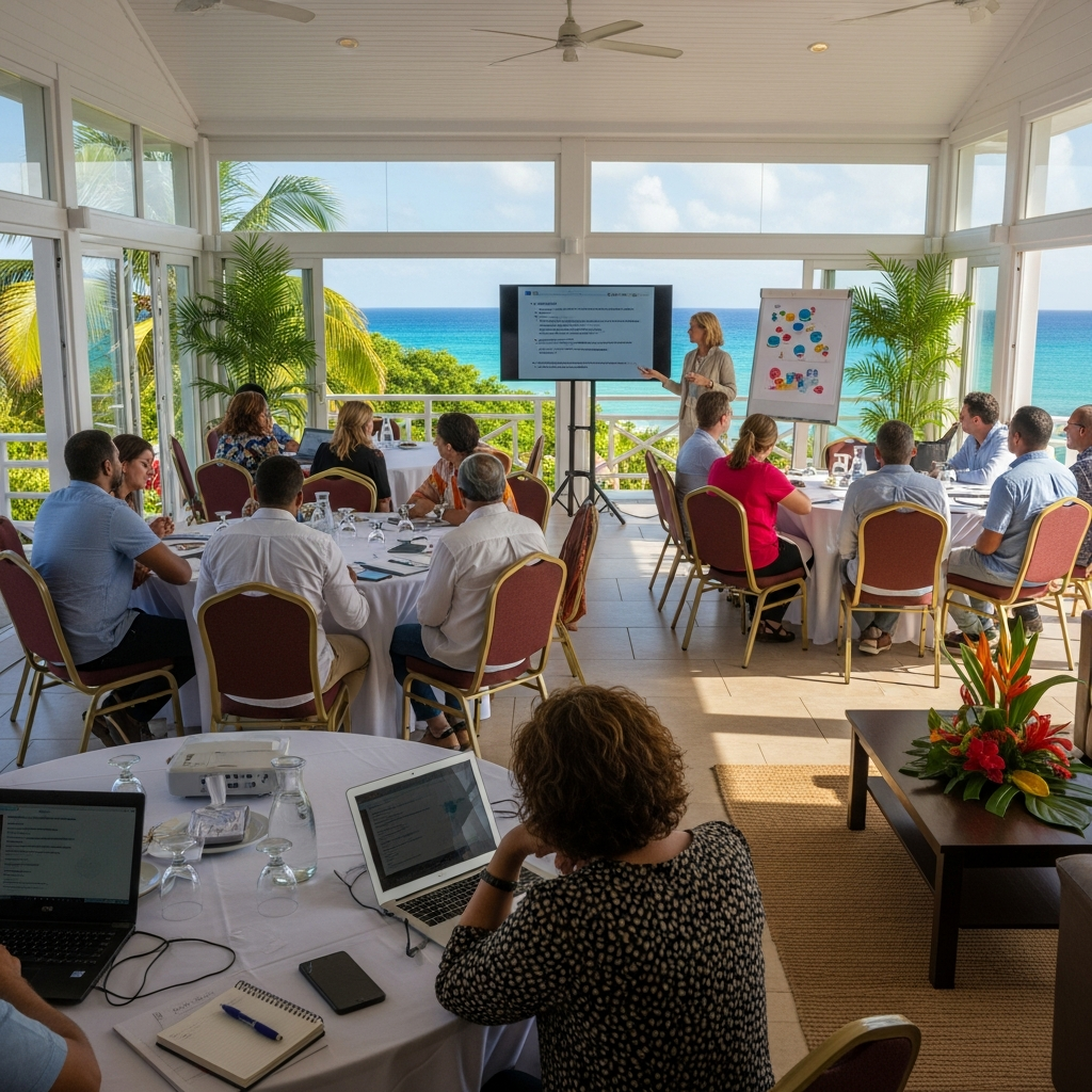 Une femme anime une présentation devant un groupe de personnes assises à des tables rondes dans une salle de conférence lumineuse avec vue sur l'océan.