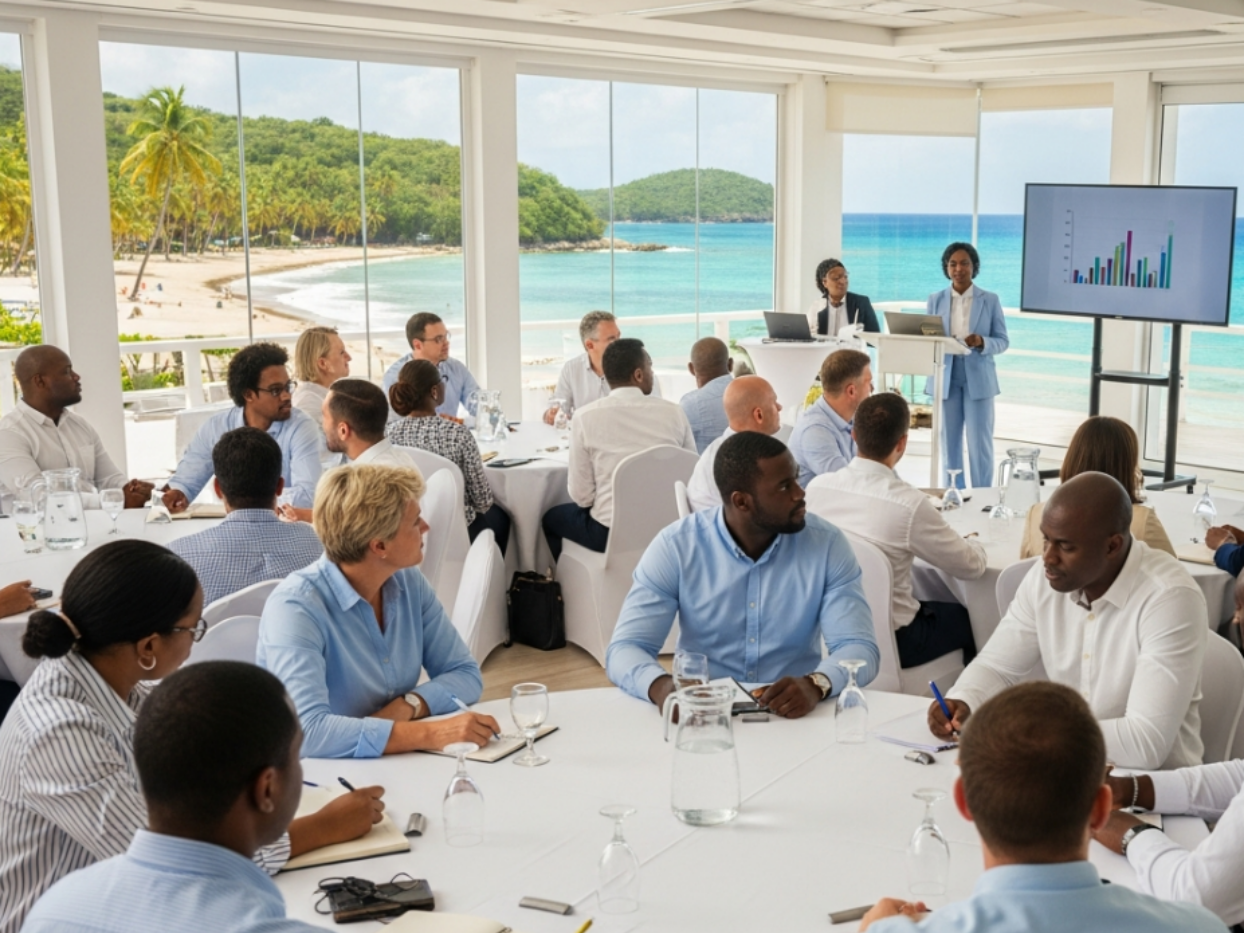 Un groupe de professionnels assiste à une présentation commerciale dans une salle de conférence lumineuse donnant sur une plage.