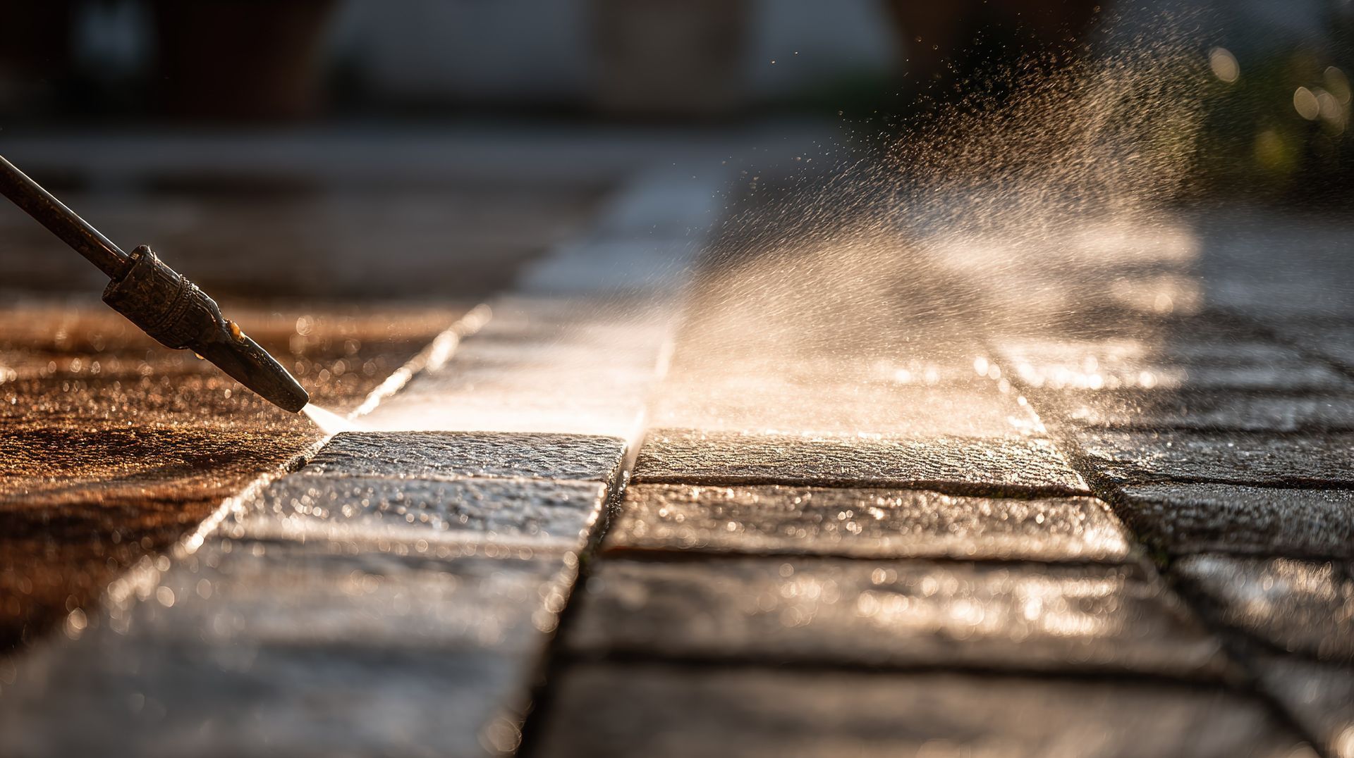 Buse pulvérisant de l'eau sur une allée en briques ou en pierres ensoleillée.