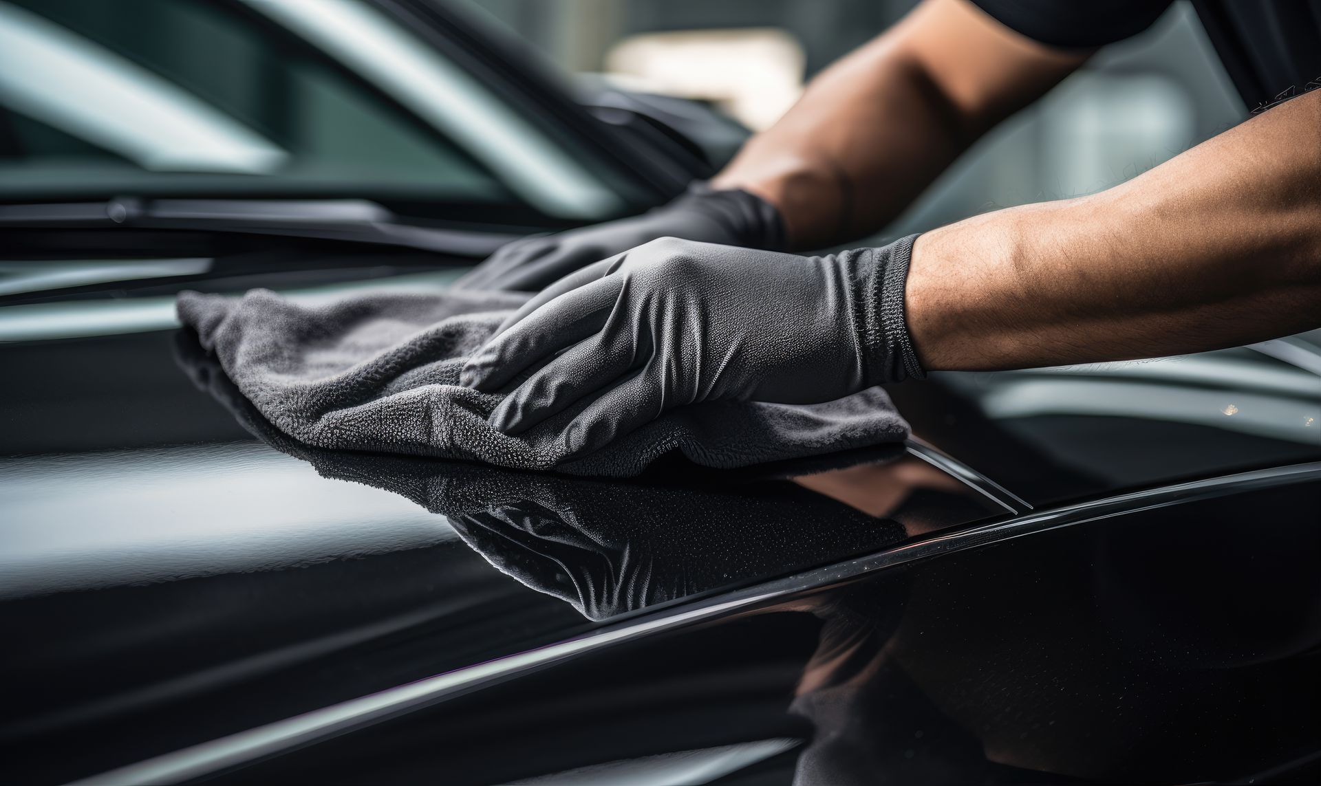 Des mains gantées essuient le capot noir brillant d'une voiture avec un chiffon en microfibre.