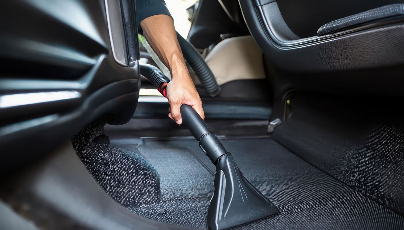Nettoyage en profondeur de la moquette intérieure d'une voiture à l'aide d'un aspirateur.