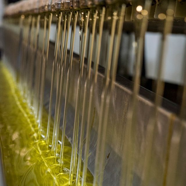 Un primer plano de una máquina que está produciendo aceite de oliva.