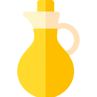 Una botella de aceite de color amarillo con asa sobre un fondo blanco.