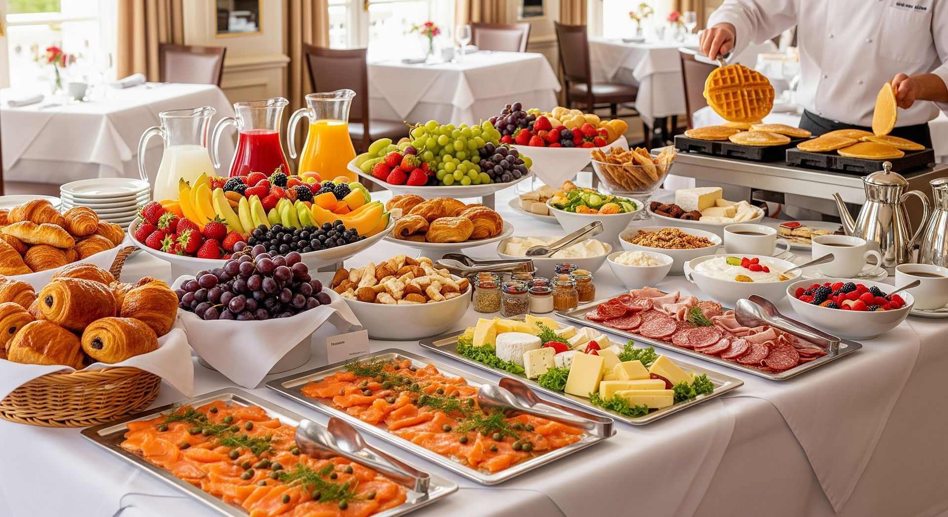 Petit déjeuner buffet avec de nombreux aliments : fruits, viennoiseries, saumon fumé et un chef préparant des gaufres.