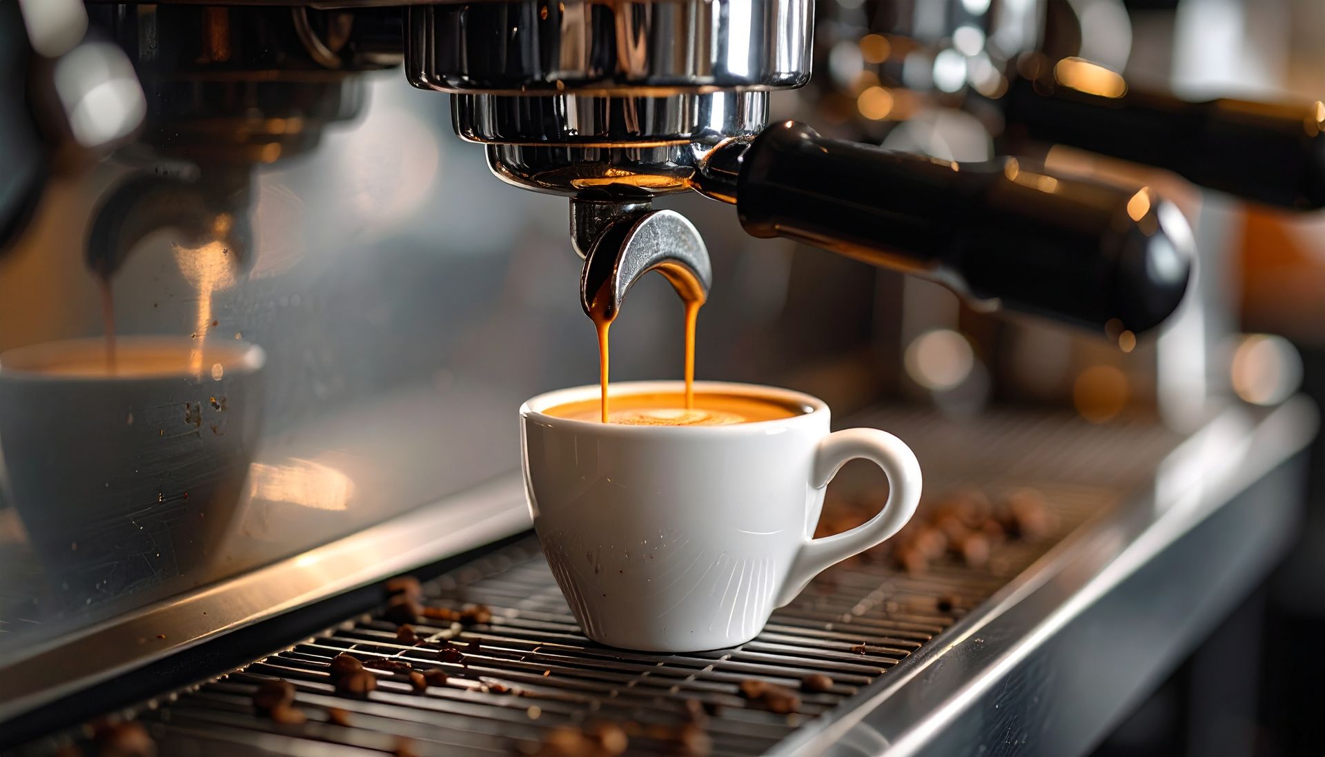 Machine à expresso distribuant du café dans une tasse blanche, entourée de grains de café.