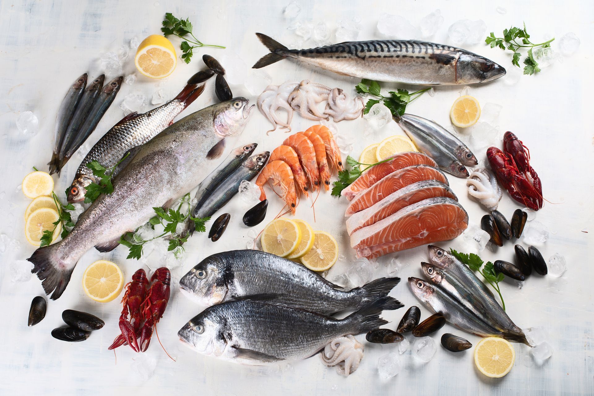 Assortiment de fruits de mer frais : poissons, crevettes, moules, calmars et tranches de citron disposés sur glace.