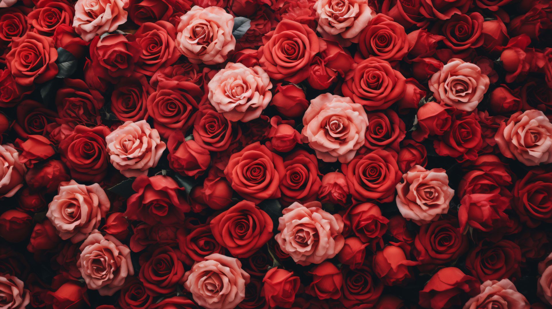 Gros plan d'un arrangement dense de roses rouges et roses.