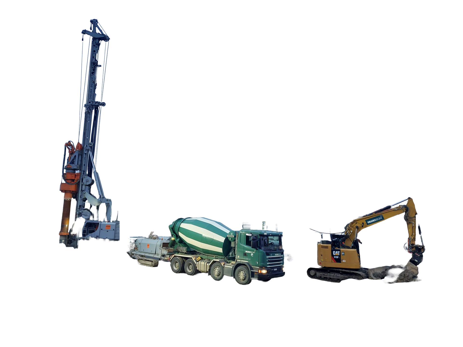 Baumaschinen: Bohrgerät, Betonmischer, Bagger.