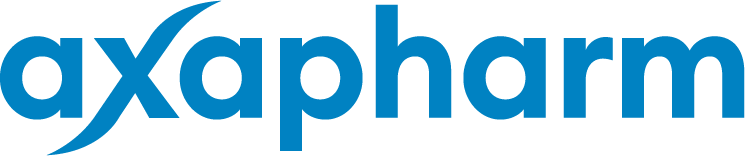 Blaues „axapharm“-Logo mit geschwungenen Linien über dem „x“ und „a“.