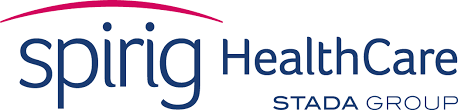 Spirig HealthCare-Logo mit geschwungenem rosa und rotem Akzent. Der Text der STADA GROUP steht unten.