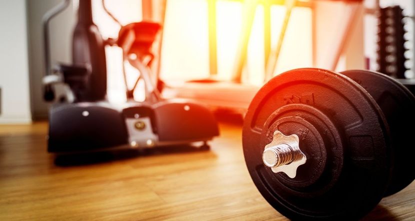 Mancuerna sobre suelo de madera, equipo de gimnasio de fondo, luz solar brillante.