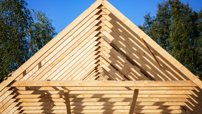 Charpente en bois en construction avec ciel bleu et arbres en arrière-plan.