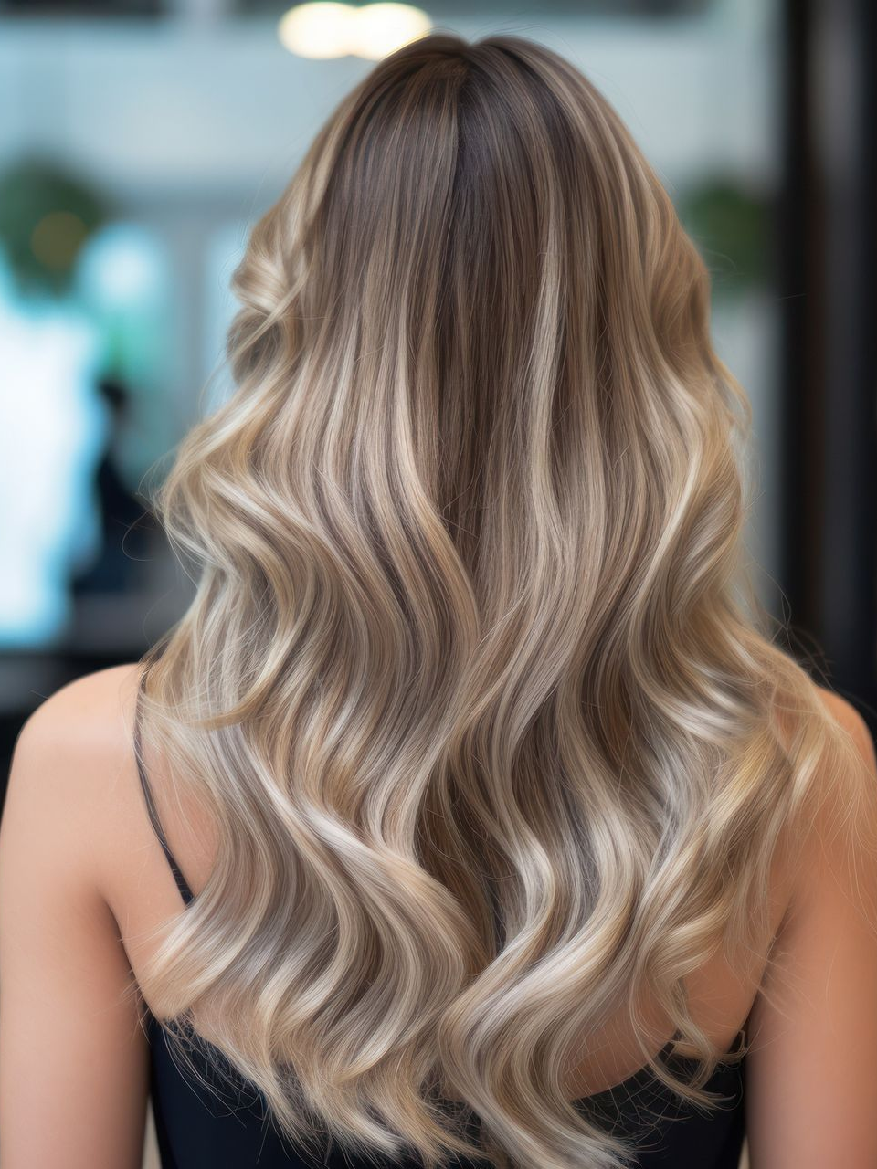 Femme aux longs cheveux blonds ondulés avec des mèches, vue de dos.