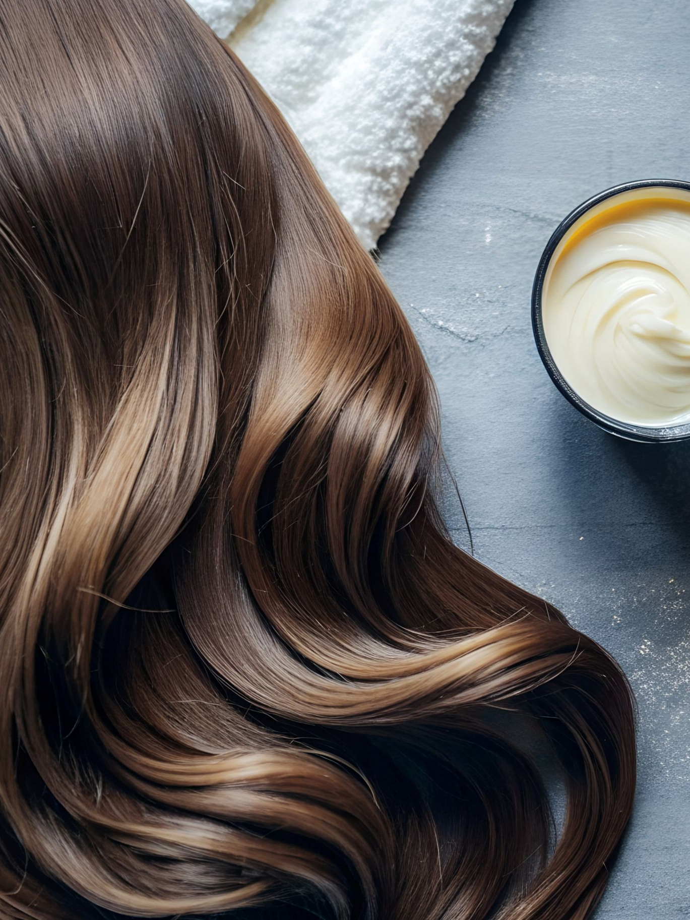 Cheveux brun brillant avec des reflets clairs, à côté d'une serviette blanche et d'un bol de crème.