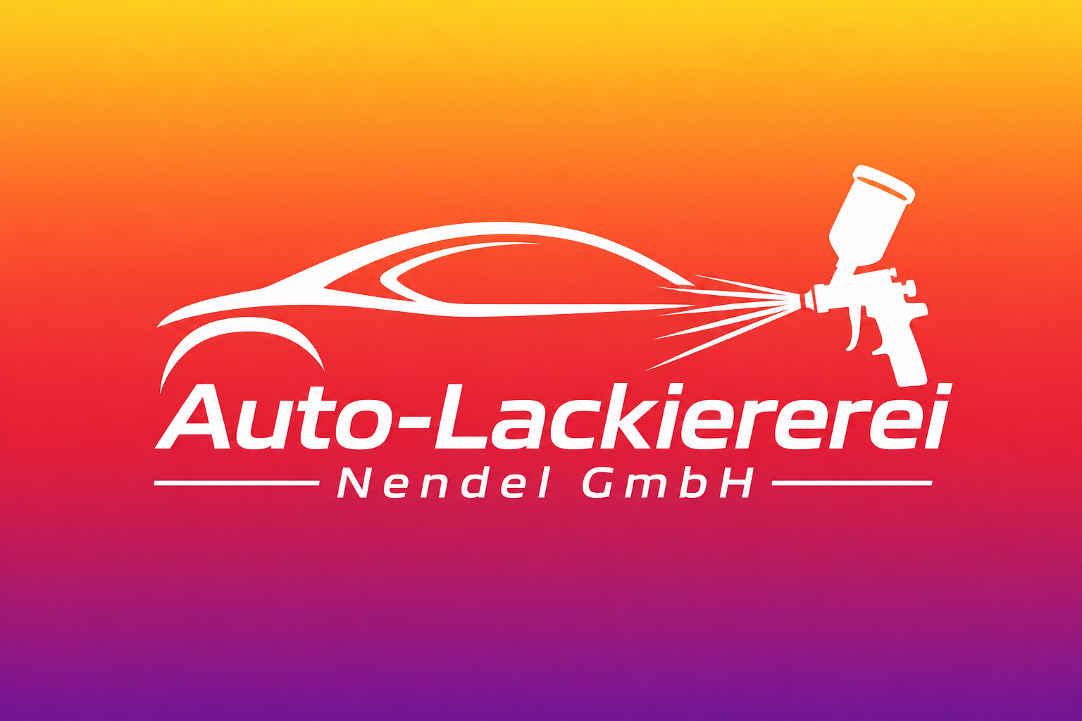 Logo der Auto-Lackiererei Nendel GmbH auf orange-violettem Farbverlauf mit Autoumriss und Spritzpistolen-Symbol