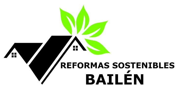 Logotipo de la empresa "Reformas Sostenibles Bail&eacute;n". Formas de tejado negras, hojas verdes y texto sobre fondo blanco.