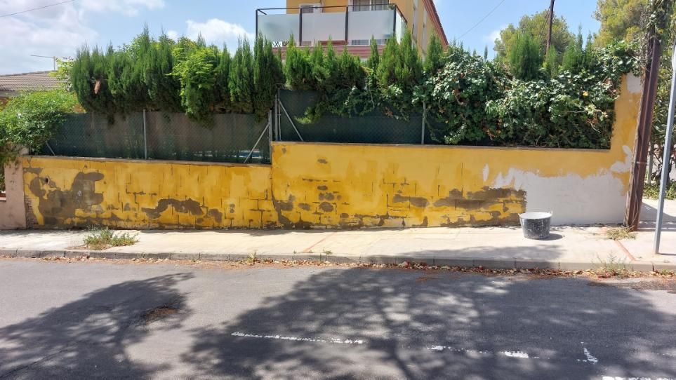 Pared amarilla con pintura descascarada, coronada por arbustos verdes. Calle enfrente, cielo azul visible.