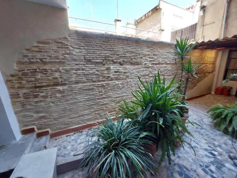 Patio con paredes de ladrillo con plantas y suelo de piedra.