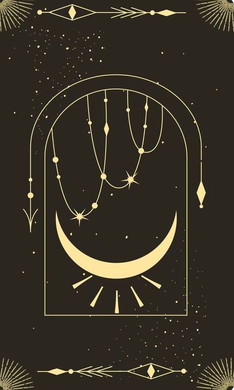 Una carta del tarot con una luna creciente y flechas sobre un fondo negro.