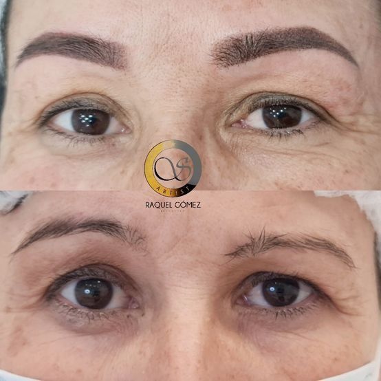 Una foto de antes y después de las cejas de una mujer.