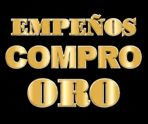 Texto dorado en 3D que dice &ldquo;EMPE&Ntilde;OS COMPRO ORO&rdquo; sobre un fondo negro