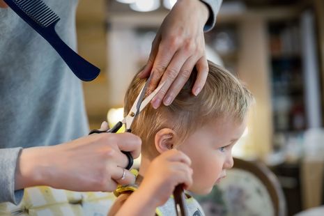 Einem kleinen Jungen werden von einer Frau die Haare geschnitten.