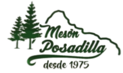 Logotipo de Mesón Posadilla: Texto verde y silueta de montaña con árboles. 